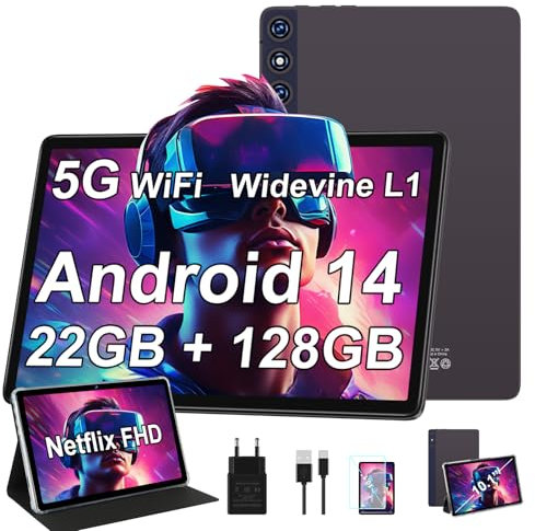 ZIOVO Tablet 10 Zoll mit 22GB RAM+128GB ROM (1TB TF), Android 14 mit 5G WLAN | Widevine L1 | Octa-Core 2.0 GHz | GMS | 8000mAh | FHD 1280 * 800 | 5+8MP | BT 5.0 | AGPS | Tablet mit Case - Grau