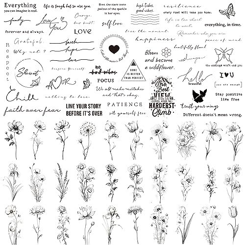 Esland Tatouages Éphémères Réalistes 60 Feuilles Petits Faux Tatouages, 30 Pièces Scripts Significatifs Mots Tatouages 30 Pièces Autocollants de Tatouage Nature Fleur Sauvage pour Femmes et Hommes