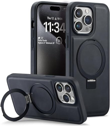 Sibada Leather Case for iPhone 15 Pro Max with Concealed Circle Stand for Magnetic, Fashionable and Elegant Thin Business Mobile Phone Case (2023) 6.7 Inches - Black