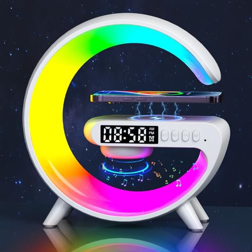 Dechoga Nachtlicht Lampe mit Wireless Charger, Bluetooth Lautsprecher mit Wecker, G Förmige Kabellosem Ladegerät AtmosphäRenlampe Über USB-C-Verbindung, Dimmbare LED Tischlampe Alarm Clock(Weiß)