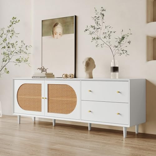 AMDXD Meuble TV blanc pratique avec pieds en bois véritable et beaucoup d'espace de rangement – 2 tiroirs, 2 portes avec design élégant en rotin pour votre TV électronique grand public
