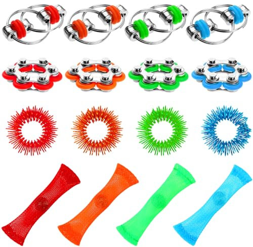 Beautywen 16Pack Fidget Toys Bike Chain Decompression Toy Bicycle Chain Key Chain Fidget Toy Set Roller Chain Fidget Toy Stress Reducer Bike Chain Fidget Toy for Anxiety Autism Adults Teens(4 Style)