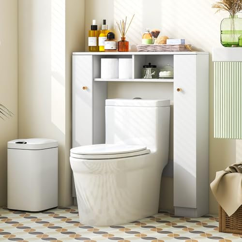 COSTWAY Meuble WC Au-Dessus de Toilettes, Meuble de Rangement avec 2 Compartiments Ouverts, 2 Placard avec 4 Étagères Réglables, Dispositif Anti-basculement, 18 x 87,5 x 98 cm (Blanc)
