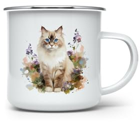 MAXIKIWI - Durable Enamel Coffee or Tea Camping Mug for Indoor Outdoor Use - Ragdoll Cat in The Garden - 350ml