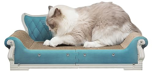 Kratzunterlage in Katzensofa-Form für große, mittelgroße und kleine Indoor-Katzen, 69,8 cm Länge, größere, recycelbare, wendbare Kratzmatte aus Karton zum Ausruhen, Krallenschleifen und Spielen (blau)