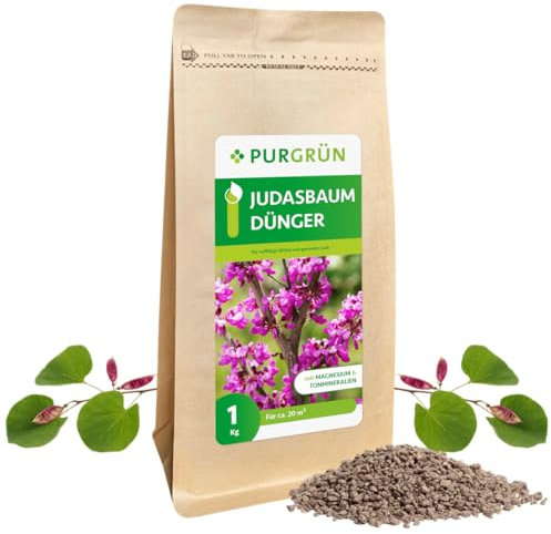 Purgrün® Judasbaum-Dünger 1 kg – Organisch-mineralische Rezeptur – Feinkörniges Krümelgranulat – NPK 8+4+5 – Extra Magnesium für prächtige Blüten – Verbessert die Bodenqualität
