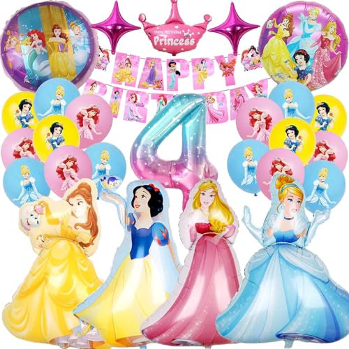 Ctxtqtdt 26 Stück Prinzessinnen Luftballons Geburtstag Set 4 Jahre Mädchen, Prinzessin Geburtstagsdeko Folienballon, Kindergeburtstag Set, Geburtstag Party Deko Ballons Set für Mädchen (4)