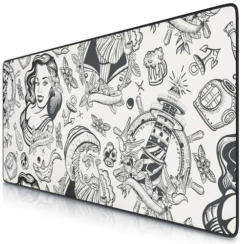 TITANWOLF – Alfombrilla Gaming XXL para ratón 900x400 – Mouse Pad - Precisión y Velocidad - Parte Inferior de Goma para una sujeción Estable - Antideslizante, Resistente al Agua, Sailor Tattoo