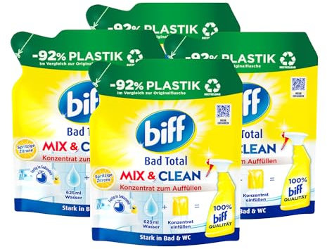 Biff Bad Total Mix & Clean Spritzige Zitrone Badreiniger (4x 125 ml), Bad Reiniger gegen Kalk & Schmutz, Konzentrat zum Auffüllen mit 92% weniger Plastik, recycelbar