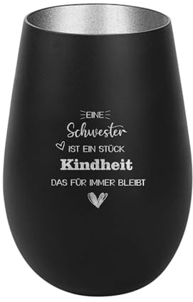 Der-Porzellan-Laden Windlicht mit Gravur Schwarz Silber Teelichthalter | Eine Schwester ist EIN Stück Kindheit, Tischdeko modern