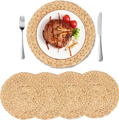 GUDAGUU Juego de 6 manteles individuales redondos de tejido de jacinto de agua natural, manteles individuales de paja trenzada para mesas de comedor (4, 30 cm)