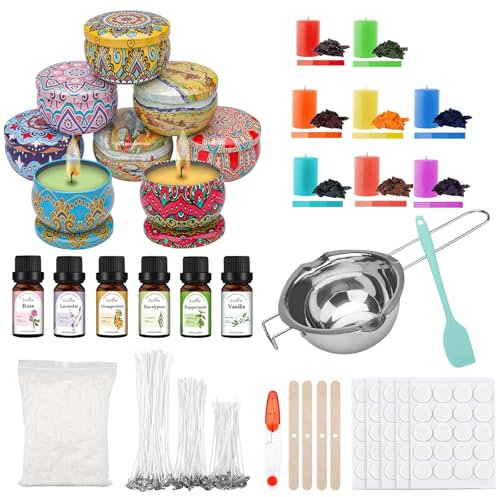 Bolosa® Kerzen Selber Machen Set, Candle Making Kit, Kerzen Gießen Set, Kerzenherstellung Kit mit 6 ätherisches Öl, 500g Wachs, 8 Dosen, Kerzendochte, Dochthalter, Dochte Aufkleber und Rührlöffel