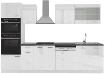 Vicco Küchenzeile R-Line, Weiß Hochglanz/Weiß, 300 cm mit Hochschrank, AP Anthrazit