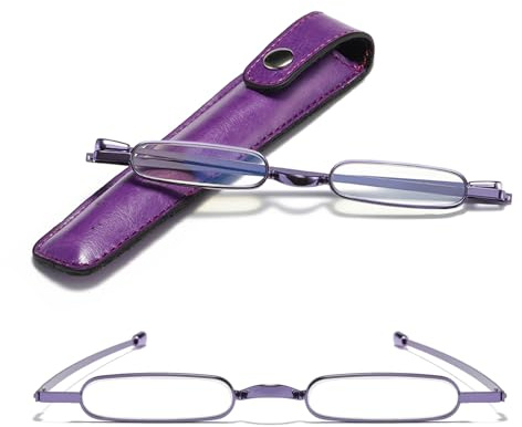 Viseng Mini Schmal Lesebrille Ultradünne Metall Lesehilfe mit kompakte und tragbare Ultraleicht Kleines Lederetui 2.00