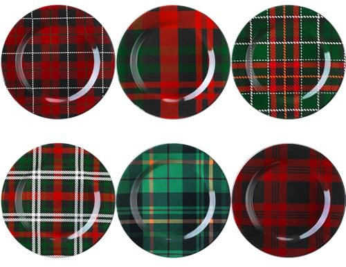 Tiangrid Weihnachtsteller Geschirr-Set, 22,9 cm, kariert, Weihnachtsteller, Weihnachtsgeschirr, Dessertteller, Weihnachtsfeierbedarf, 6 verschiedene Designs (klassisches Karomuster)