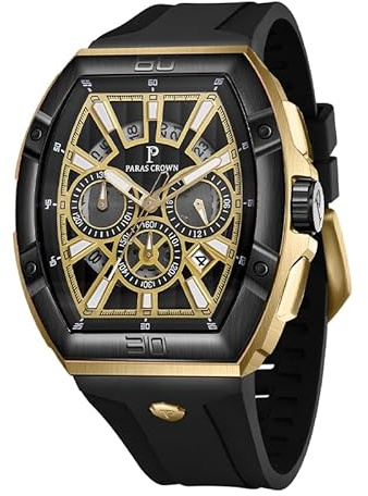 Paras Crown Uhren Herren Chronograph mit 3 Zifferblättern, Datum & Stoppfunktion, Japanischem Quarz – Uhr für Herren Armbanduhr, Silikonarmband, 5ATM wasserdicht & Leuchtzeiger