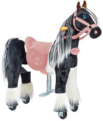 Ponnie Reitpferd mit Rollen Domino S (3-6 Jahre), Spielpferd zum Reiten mit Abnehmbarer Rosa Sattel und Halfter mit Zaumzeugund Kämmbare Mähne und Schwanz, Plüschpferd zum Reiten für Kinder