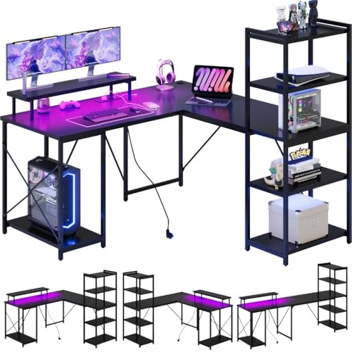 Devoko Gaming Tisch Schreibtisch l Form mit LED, Schreibtisch mit Regal, Bürotisch mit USB-Ladeanschluss & Steckdose, Eckschreibtisch mit Monitorständer 140×140cm (Schwarz)
