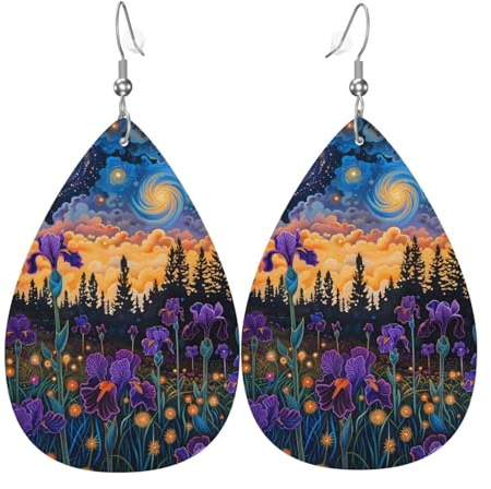 Cosmic Irises At Twilight Ohrringe für Damen, bunte Tropfenform, Leder-Ohrringe für Damen, trendig, Tropfenohrringe, Schmuck