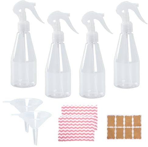 WATUNID 4 Pcs Spray Bottles, 200ml Water Spray Bottles with 2 Funnels, 8 Labels and 2 Cleaning Cloth, Empty Plastic Mister Sprayer, Plant Mist Clear Refillable Containers for Travel Cleaning Gardening