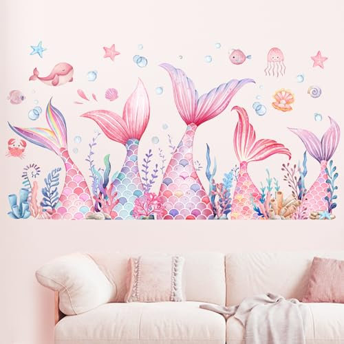 Yunkctuk Wandtattoo Kinderzimmer Meerjungfrau Wandsticker Mädchen Unterwasserwelt Kindertapete Wandaufkleber Meereswelt für Mädchenzimmer Kindergarten Bad Babyzimmer Wohnzimmers Wanddeko
