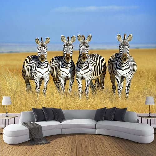 Tapete Fototapete 3D Effekt, Grasland Zebra Wandbild Wandtapete, Wildtiere Wanddekoration Seidenstoff Tapete, Hauptdekorationen Für Wohnzimmer Schlafzimmer, ‎150X105Cm (B×H)