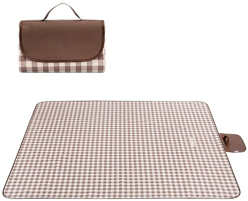 Wind Tour Waterproof Picnic Blanket with Carry Strap - Foldable Sandproof Outdoor Mat for Camping, Beach, Park - 59 x 71,Coffee Grid (Single Mat)