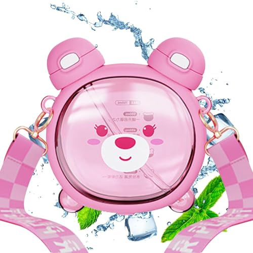 Genikeer Bär Strohhalm Flasche, 750ML Kinder Wasserflasche Bär, Ka-waii Bear Water Bottle, Süße Trinkflasche Ka-waii Mit Verstellbarer Schultergurt Für Schulreisen, Auslaufsichere