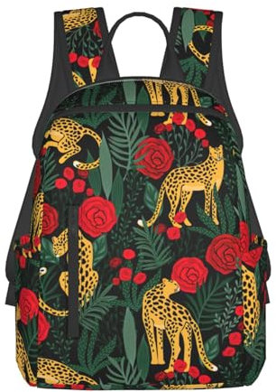 Zhuanyun ZAINO GIORNO leggero leopardo e rose con tasche frontali con cerniera e tasche laterali applicate. ZAINI unisex, nero, Taglia unica