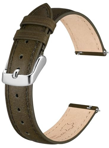 BISONSTRAP Elegante Leder Uhrenarmband, Schnellverschluss, Uhrenarmbänder für Damen und Herren, Kompatibel mit Uhrenanstößen von 16mm, Grün Braun (Silberne Schnalle)