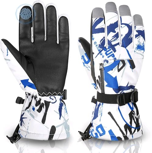 Guantes de esquí impermeables para invierno, cálidos, para clima frío, pantalla táctil, guantes de nieve para hombres, mujeres, niños, esquí, snowboard (azul/blanco, L (talla de mujer L-XL y talla de