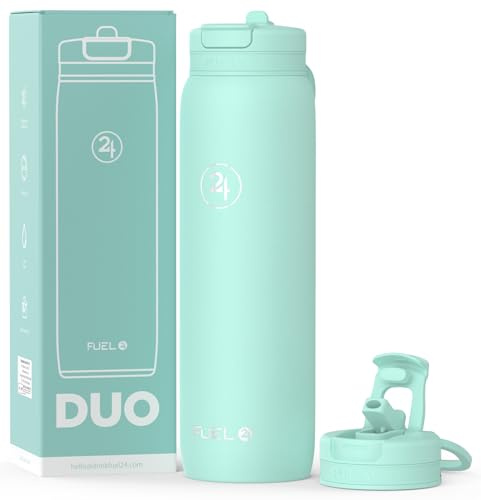 Fuel24 Duo - Stainless Steel Water Bottle 700ml or 1L - Vacuum Insulated Metal Flask with Straw (Dual use Lid) 1 Litre - for Sports, Gym, Work – Slim Design (Mint, 1000 ml)