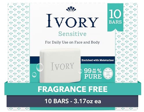 Ivory Sensitive Bar Soap, Designed for Whole Family, Fragrance Free, 99.44% Pure Formula, Plant-Based Cleanser, Made Without Heavy Perfume, Parabens, Phthalates, For All Skin Types, 3.17 oz (10 Count)