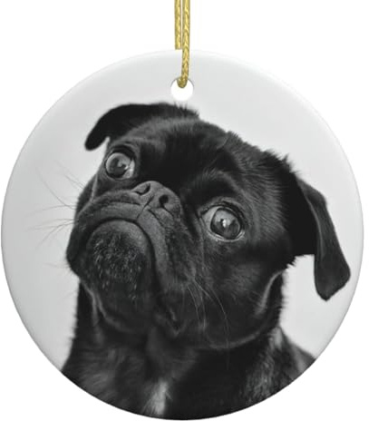 Niedlicher schwarzer Mops-Weihnachtsbaum, Keramik, zum Aufhängen, rund, Ornament, festliche Weihnachtsfeier, Heimdekoration