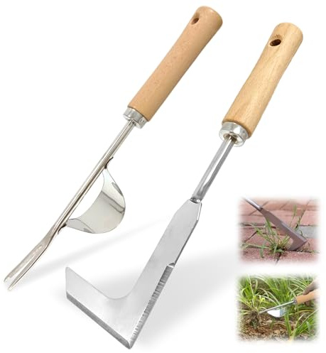 Audasi 2 Stück Fugenkratzer, Wurzeljäter Unkrautstecher Edelstahl Unkrautstecher Edelstahl mit Holzgriff und Holzgriff-Unkrautjäter zum Entfernen von Fugenunkräutern und Moos