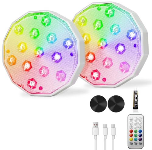 Ollny Lampe de piscine Magnétique, 2 Lumiere LED RGB Submersibles Rechargeables, Éclairage Flottant pour Piscine, avec Télécommande, Étanches IP67, Lampe Piscine pour Baignoire Étang Fête