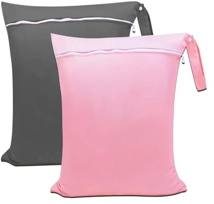 KASESSS 2 Piezas Bolsa Ropa Sucia Viaje Rosa Y Gris, 48x38cm Bolsa Impermeable Piscina Tela Oxford Con Asa Y Cremallera, Reutilizable Wetbag Laundry Bag Ara Viaje Gimnasio Piscina Playa