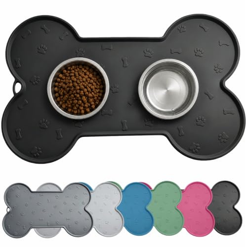 Geebymol Silicone Pet Feeding Mat, Waterproof Dog Cat Food Mat, Black | 48x30cm Pet Water Bowl Placemats with Raised Edges, Dog Cat Feeding Mats for Food and Water Prevent Spill, Easy Clean