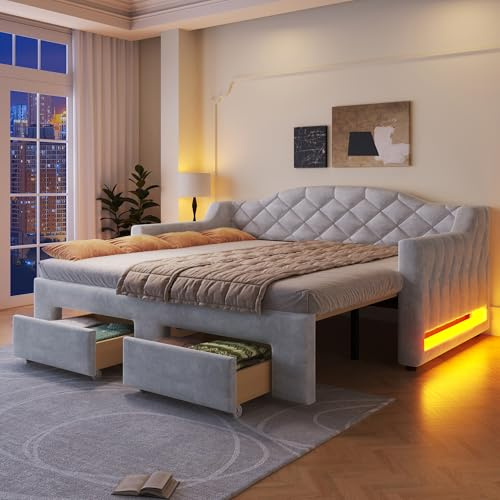 Merax Polsterbett Tagesbett 90x200–180x200 cm mit Ausziehbett, LED & 2 Schubladen, Schlafsofa Grau, Einzelbett zu Doppelbett, Bettsofa, Jugendbett Gästebett (Matratze Nicht enthalten)