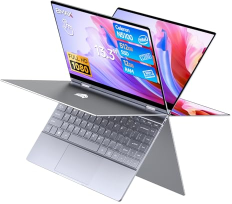 BMAX PC Portatile Touchscreen 2 in 1 Notebook 12GB RAM 512GB SSD Celeron N5100 Girevole a 360° da 13,3 Pollici, Tastiera Retroilluminata 1920x1080 5G WiFi BT4.2 Type Cx2 Film per Tastiera Italiana