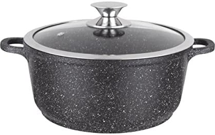 Kamberg – 0008035 – Kochtopf 36 cm – Aluminiumguss – Beschichtung in Steinoptik – Mit Glasdeckel – Für alle Herdarten, auch Induktion – PFOA‑frei, Schwarz