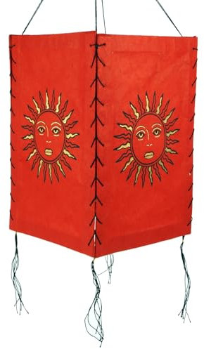 GURU SHOP Lokta Papier Hänge Lampenschirm, Deckenleuchte aus Handgeschöpftem Papier - Sonne 2 Rot, 35x20x20 cm