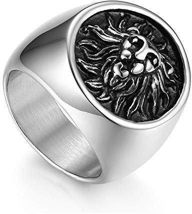 Flongo Herrenring Männer Ringe Siegelring Bandring mit Löwenkopf Löwe Kopf Silber Daumenring Schmuck Biker Herren-Accessoires Größe 67