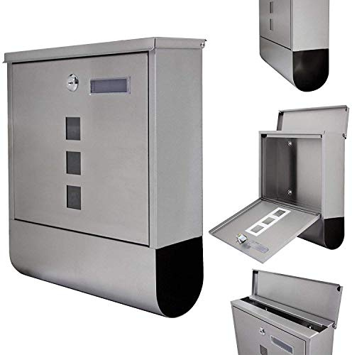 Rapid Teck® Design Briefkasten Edelstahl mit Zeitungsfach, Edelstahl mit Rostschutz Lackierung, mit Sichtfenstern, Namensschild, abschließbarer Wandbriefkasten