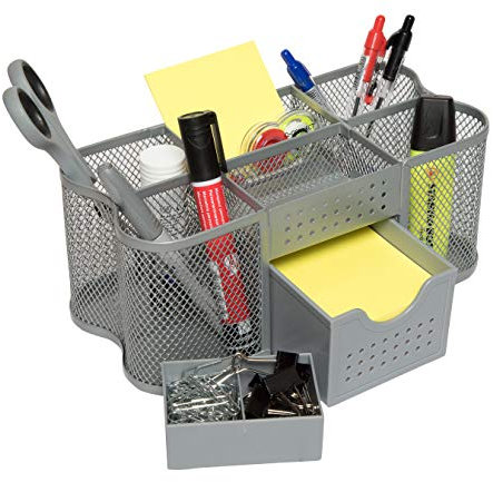 Amtido Desk Tidy Organiser Caddy, Office Supplies Holder, Pen, Pencil and Stationary Pot - Mesh Design - Silver