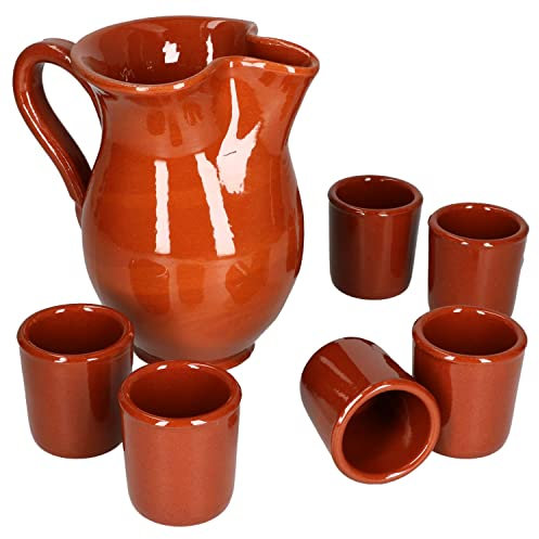 MamboCat 7-TLG. Set 1x Tonkrug 0,5 Liter + 6X Shot-Becher 50 ml I Tonware I Mediterran I Unikat Handarbeit I Antike/Vintage I Mittelalter I Wikinger