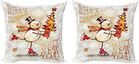 ABAKUHAUS Weihnachten Kissenbezug Set (2Stück), Skating Happy Snowman, doppelseitiges Digitaldruckdekor mit Reißverschluss, 40 cm, Beige Mehrfarbig