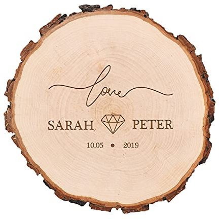 Naturholz Baumscheibe rund - Tischdekoration mit Wunschgravur - Geschenk zur Hochzeit - Jahresringe - individuelle Geschenkidee - Für Liebespaare - Motiv Love