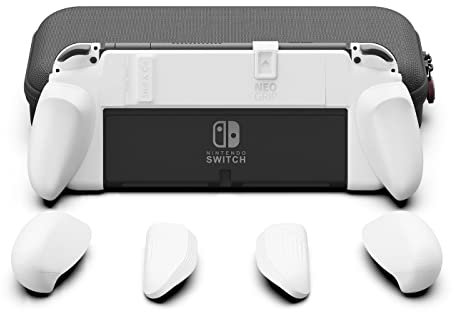 Skull & Co. NeoGrip Bundle für Nintendo Switch OLED und Regular Modell: Eine andockbare Schutzhülle mit austauschbaren Griffen [passend für alle Handgrößen] [mit Tragetasche] - OLED Weiß