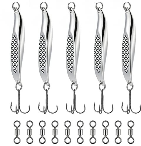 Dr.Fish 5 Pièces Leurres de Pêche en Mer Appâts Cuillères Dexter Wedge en Métal avec 10 Emerillons Kits de Leurres Cuillères pour Pêche Truite Bar, Morue, Maquereau et d'eau Douce Salée,28g